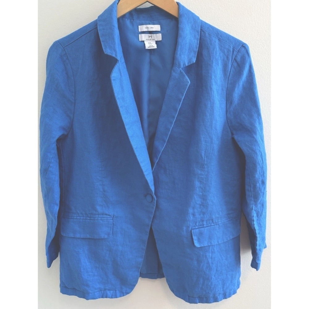 H Halston Linen Blazer Woman's M Blue One Button Tailored Summer Jacket